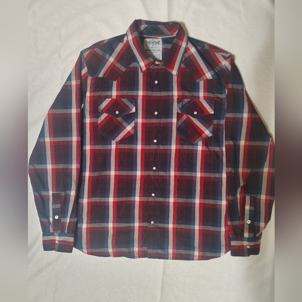 Men's Levis Button Up Pearl snap long sleeve Shirt Red Plaid western XL